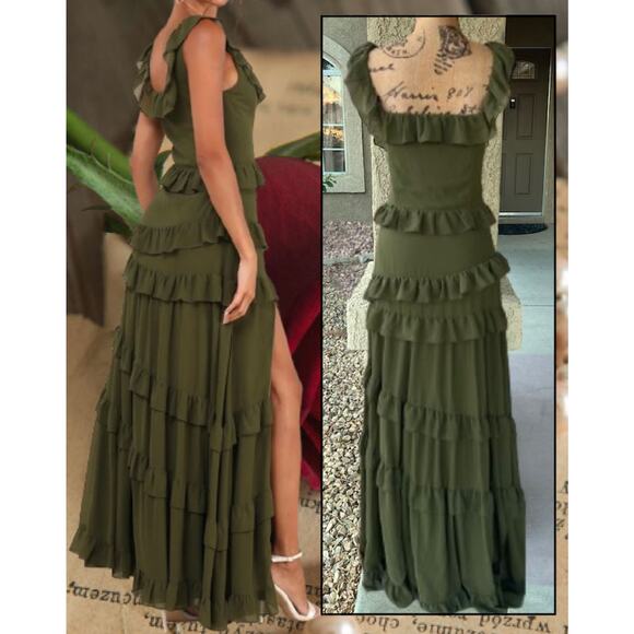 Lulus Olive Green Ruffled Tiered Compelling Romantic Maxi Dress Size S - Picture 4 of 10